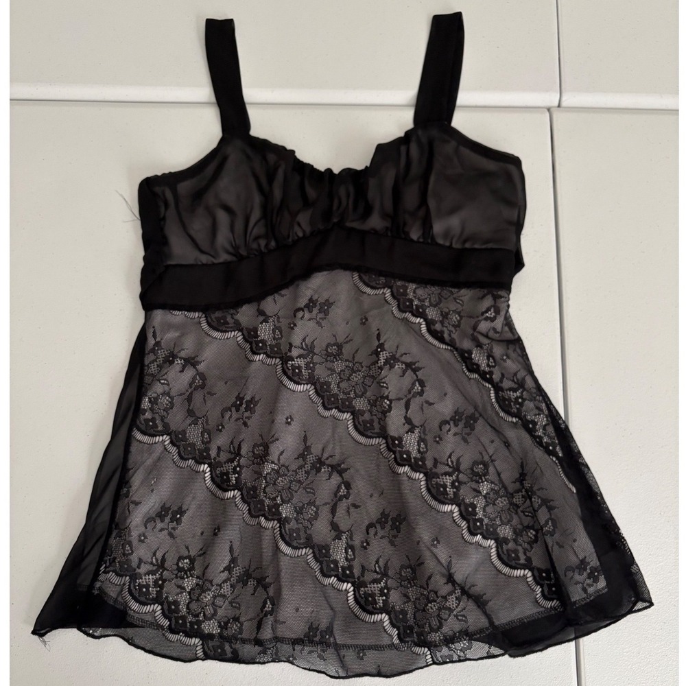 Charlotte Russe Black Floral Lace Camisole Mesh Babydoll Top Coquette Goth xx